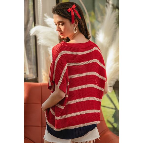 BiBi Fourth Of July Stripe Pattern Drop Shoulder Pullover Sweater | Oatmeal/Red - Picture 7 of 9